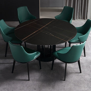 47" Round Stone Top Dining Table Carbon Steel Base in Black